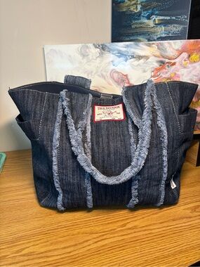 True Religion Indigo Denim Frayed Handle Tote